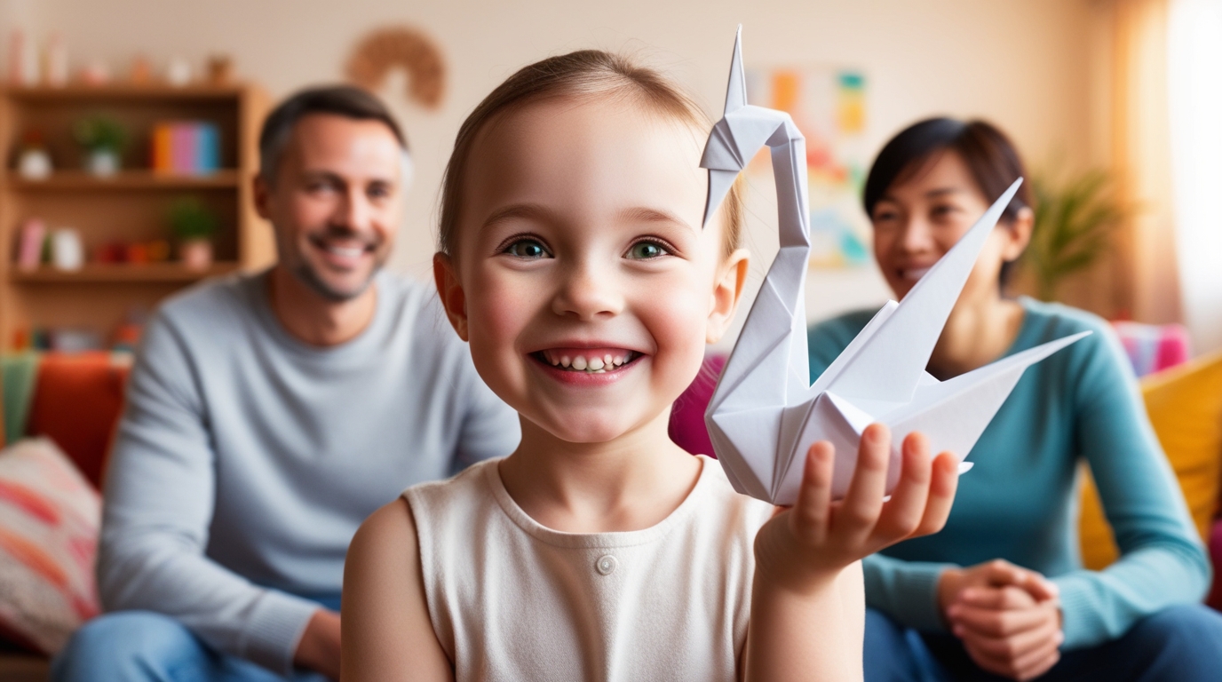 Child happy with origami gift.