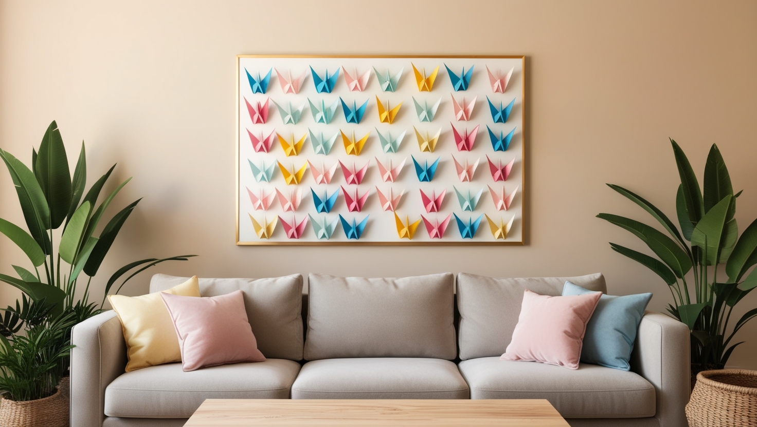 Framed origami wall art featuring colorful cranes displayed in a cozy living room