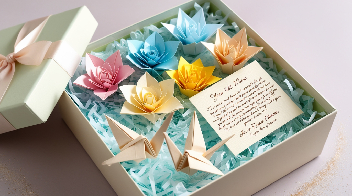 Gift box with personalized origami flowers and cranes plus a handwritten note