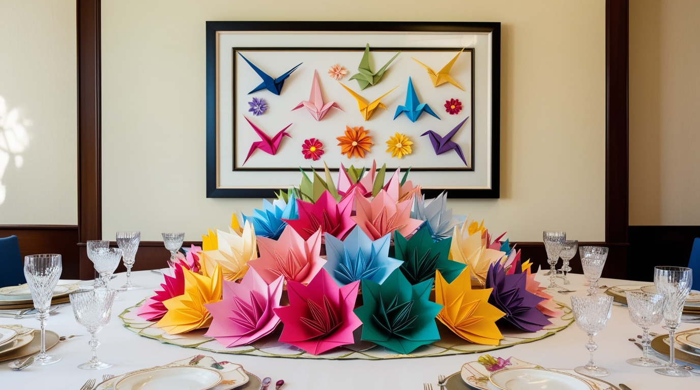 Origami bouquet and wall art enhancing a stylish dining area