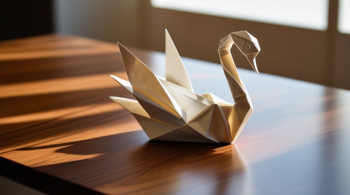 Origami swan gift placed on a desk as a symbol of love and transformation.