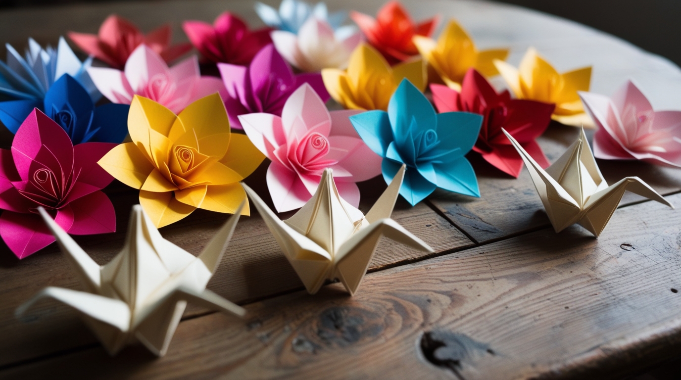 Handmade origami flowers and cranes symbolizing love and gratitude for parents