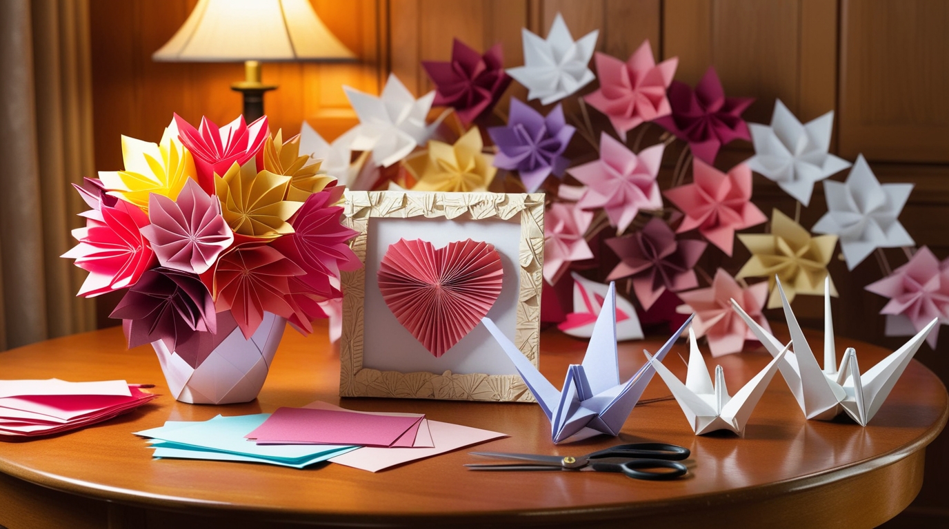 Assortment of handmade origami gifts for parents including flowers, hearts, and cranes.
