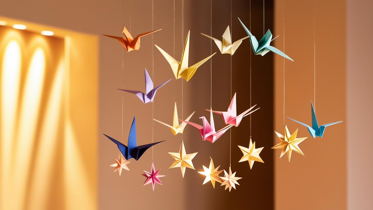 Hanging mobile with colorful origami birds and stars gently swaying, creating a cozy and artistic home atmosphere