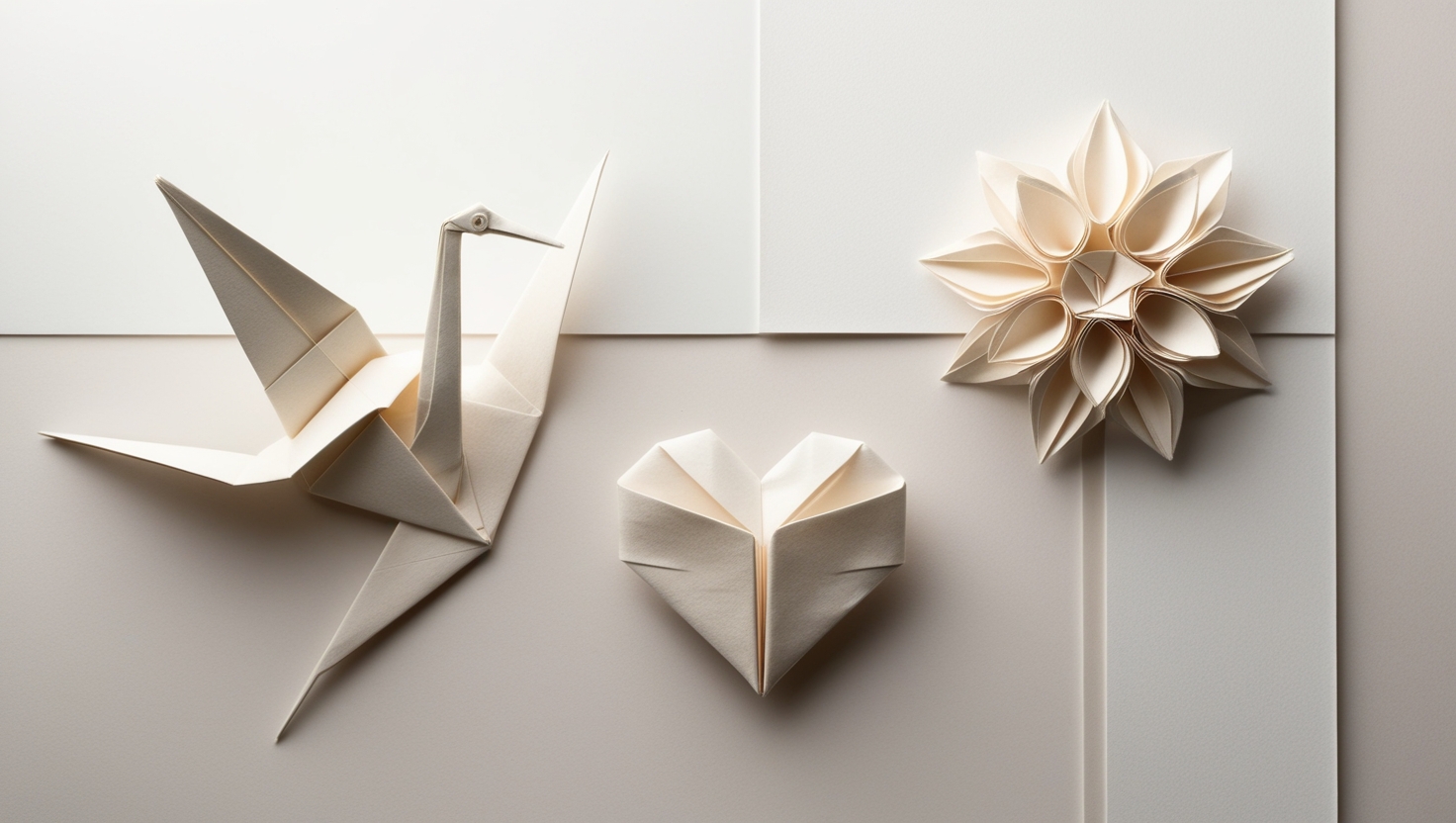 Origami crane, heart, and flower arranged artistically on a clean background