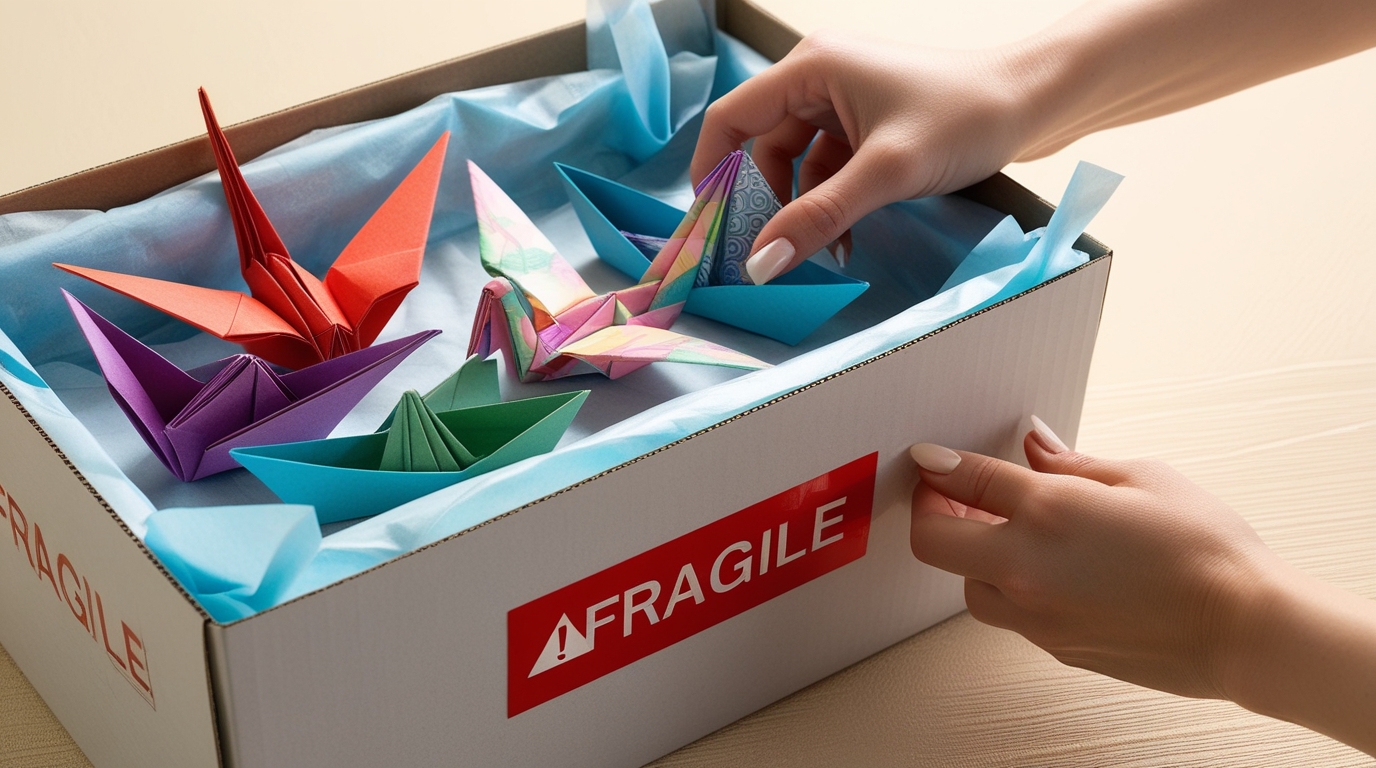 Hand carefully packing origami items in a box using tissue paper and bubble wrap, labeled as fragile