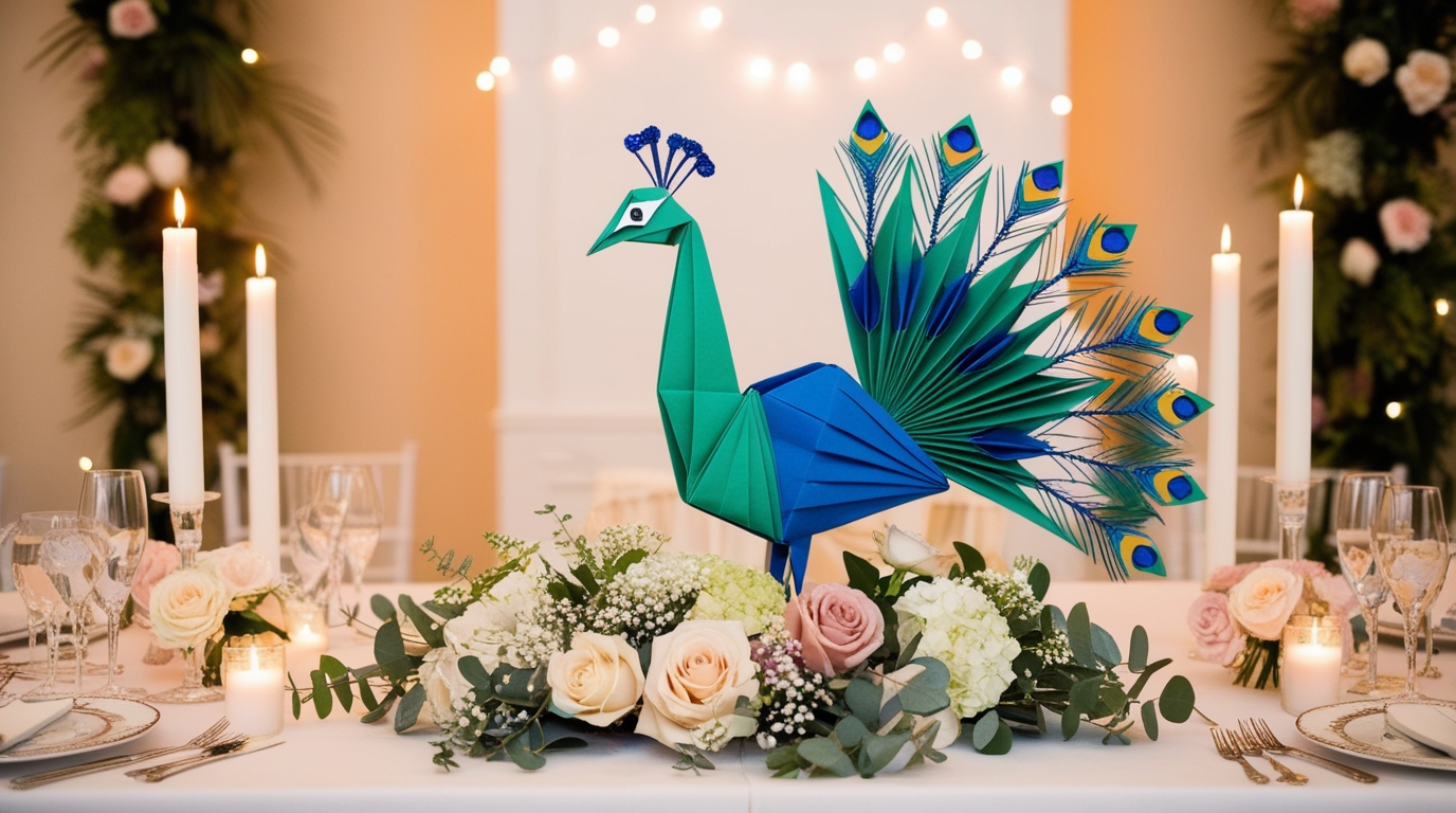 Custom origami peacock centerpiece used as a wedding gift symbolizing prosperity.