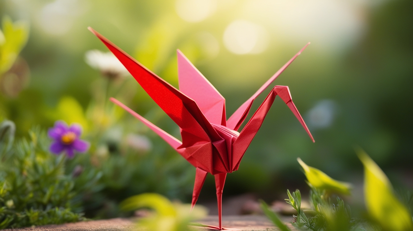 A delicate red origami crane is the focal