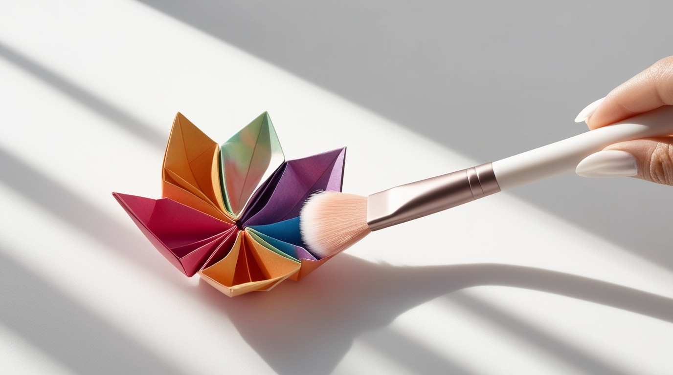 Soft makeup brush gently cleaning a colorful origami flower on a white background