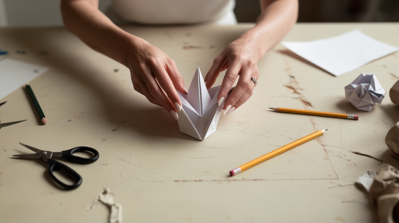 Adult folding origami crane to relieve stress.