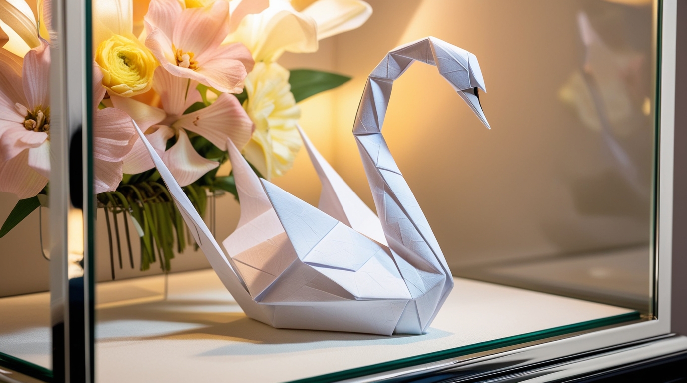 Finished origami swan and flower display preserved in a glass case under soft lighting.