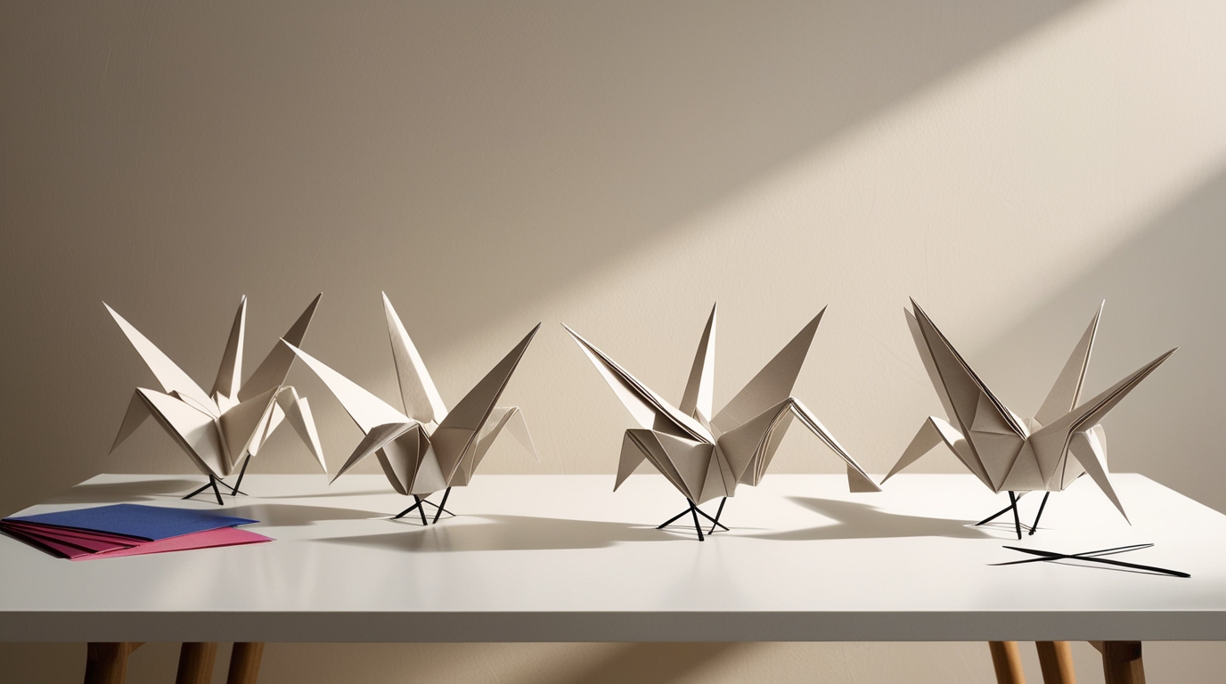 Step-by-step guide of folding an origami crane at office desk.