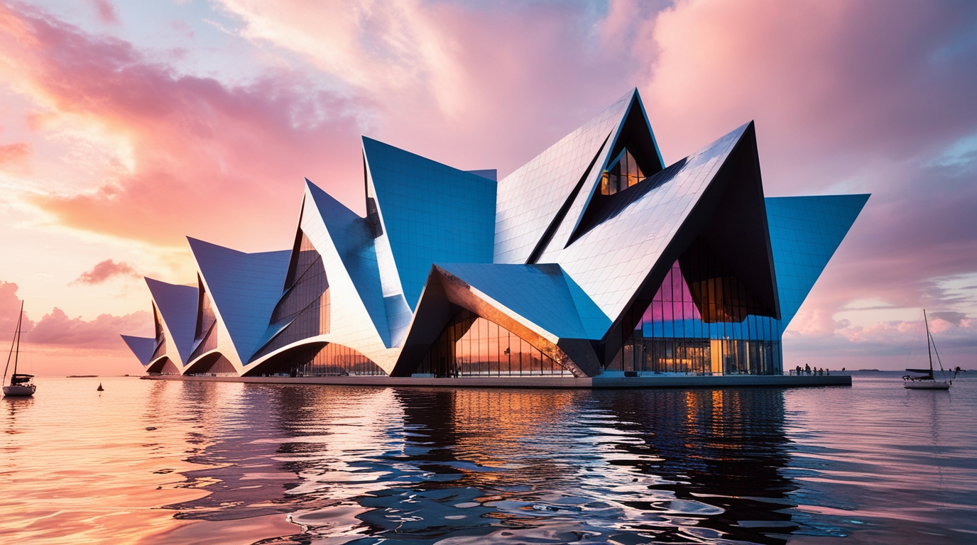 Origami-style architectural building with folded geometric structure.