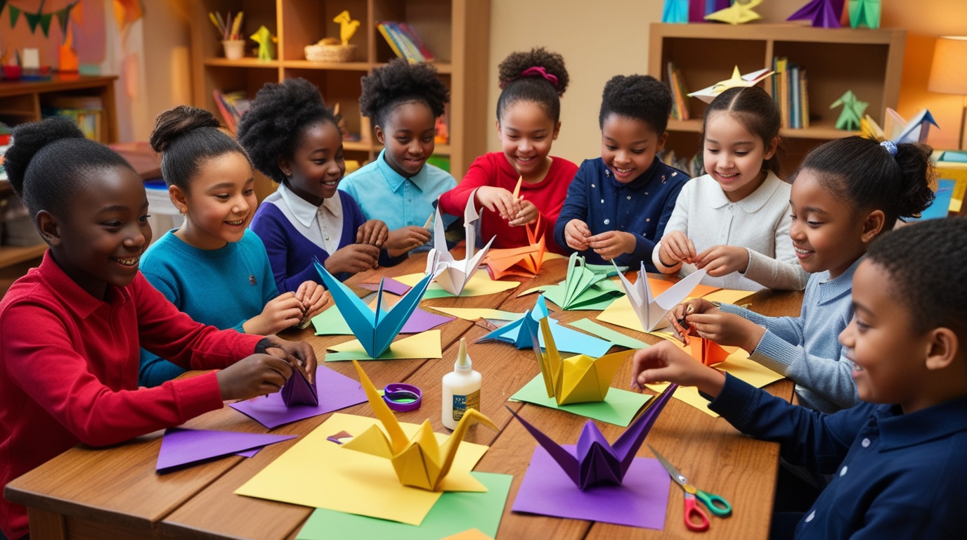 Kids making origami animals as a fun learning activity.