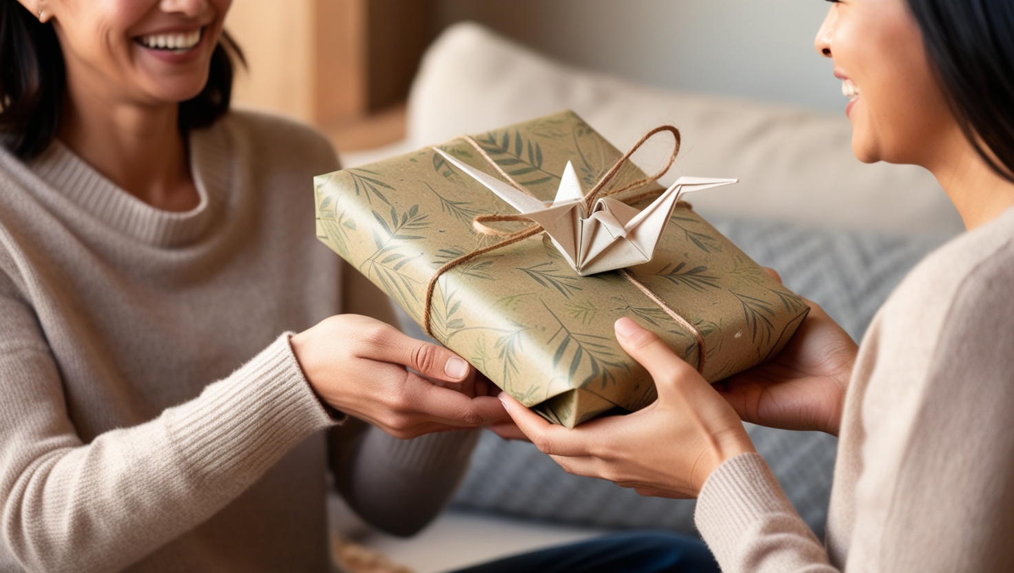 Person giving a wrapped handmade origami gift to someone special