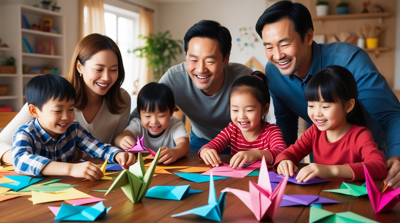 Family bonding over origami craft activity.
