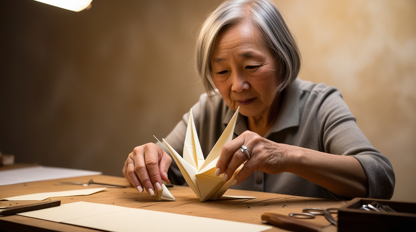 Origami artist folding paper at workbench