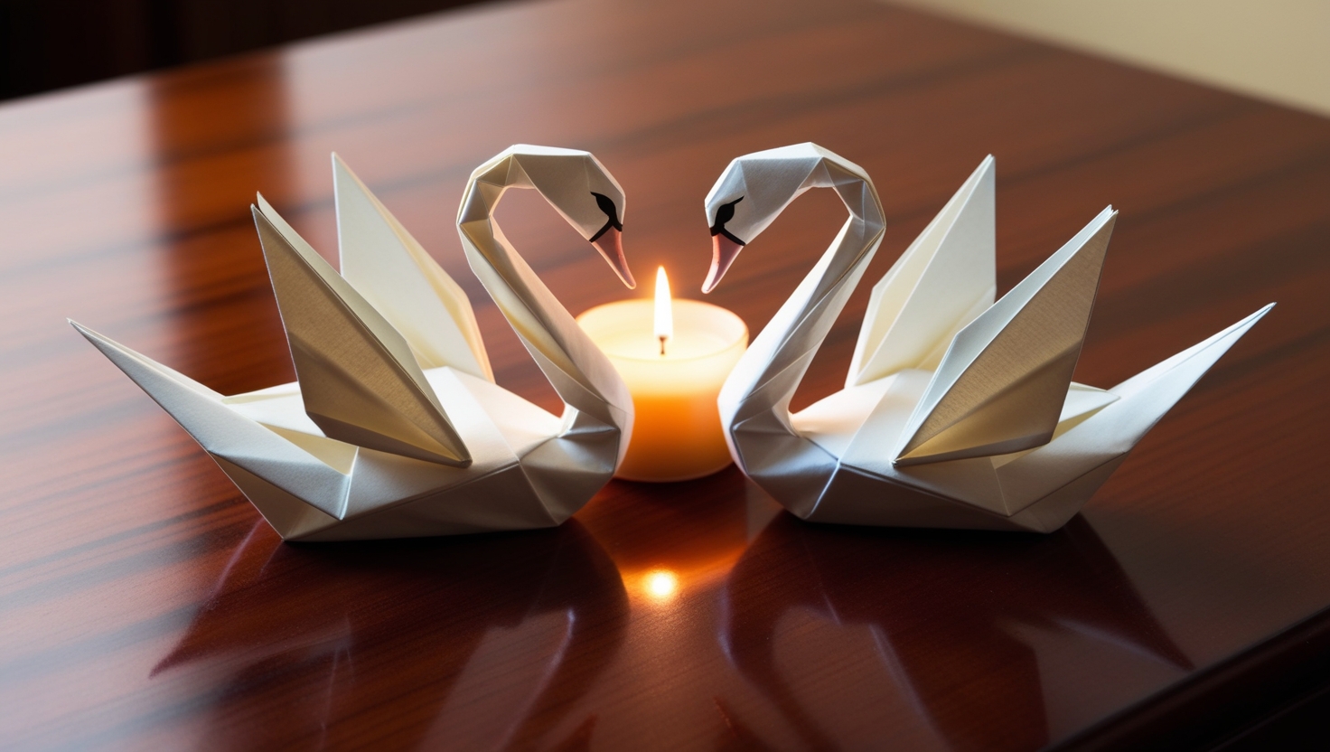 Pair of elegant handmade origami swans symbolizing love, displayed with a glowing candle