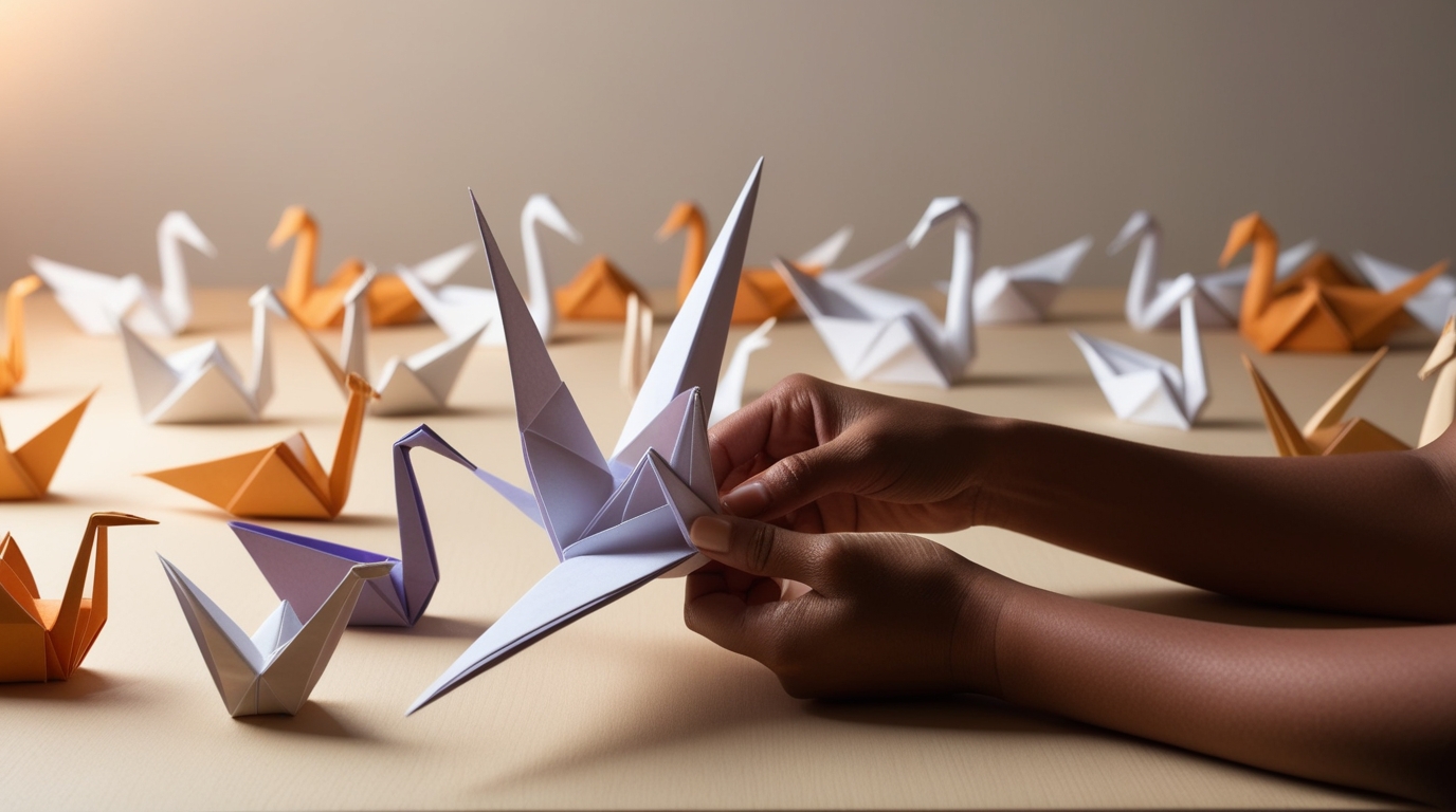 Hands folding an origami crane with precision and focus.