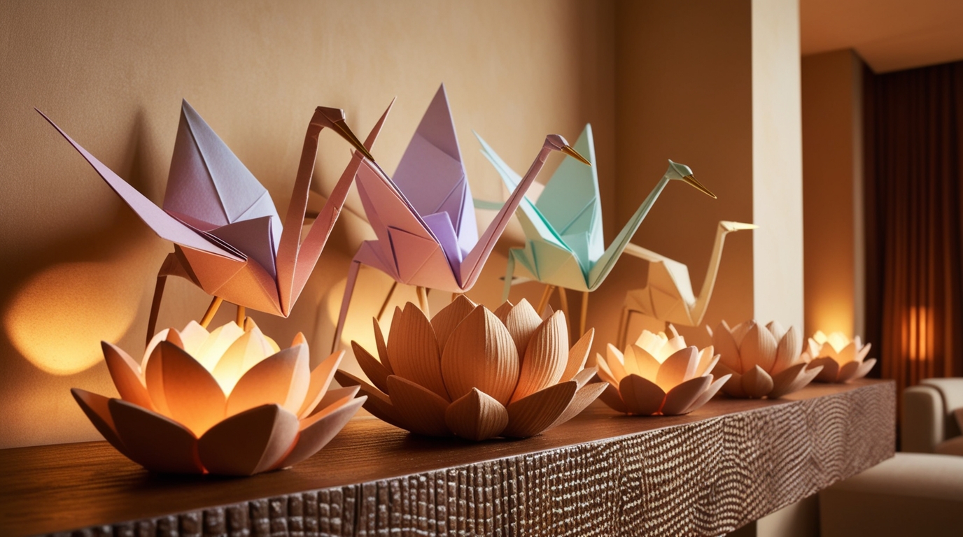 Origami sculptures beautifully displayed in a cozy living room setting