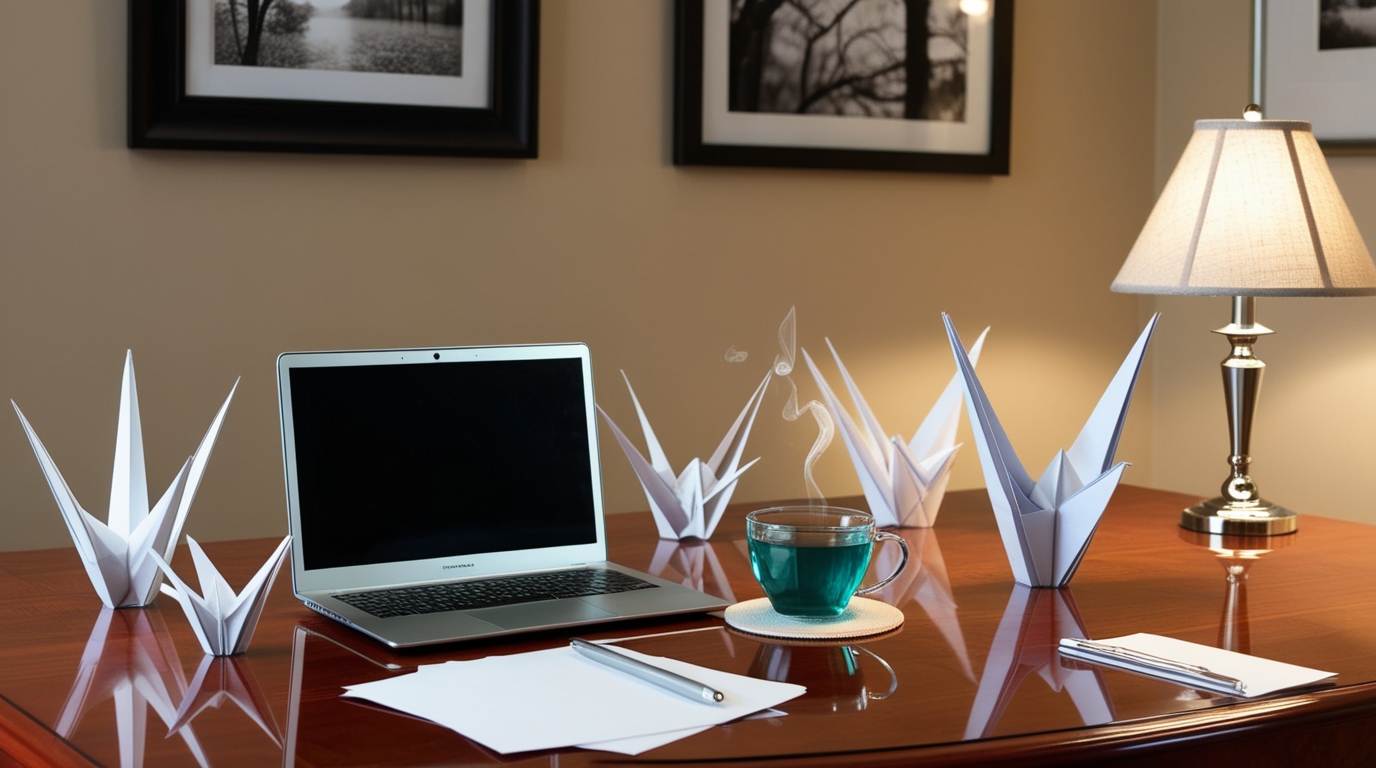 Origami cranes on an office desk representing mindfulness and focus.