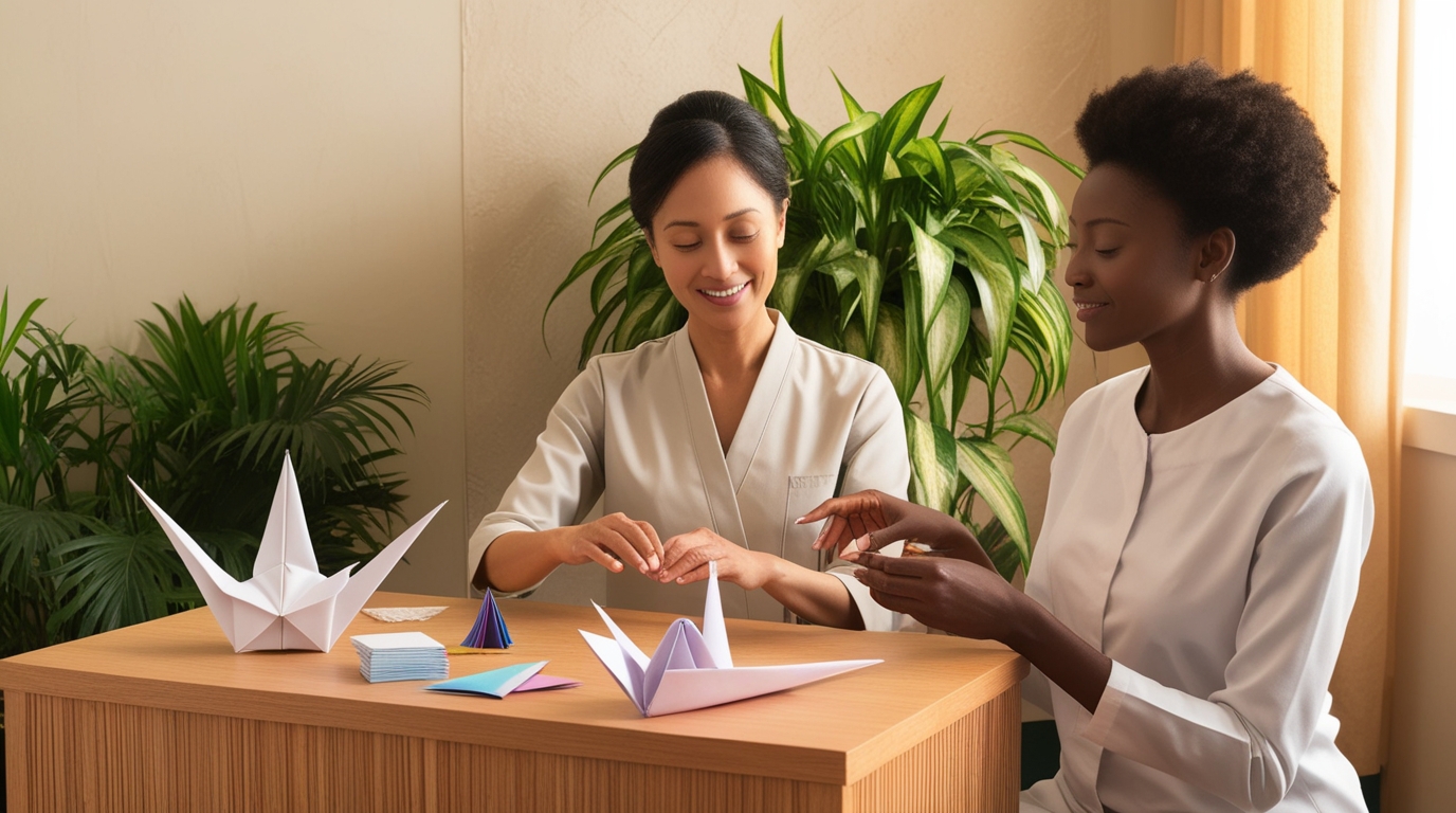 Therapist using origami for emotional healing and focus.