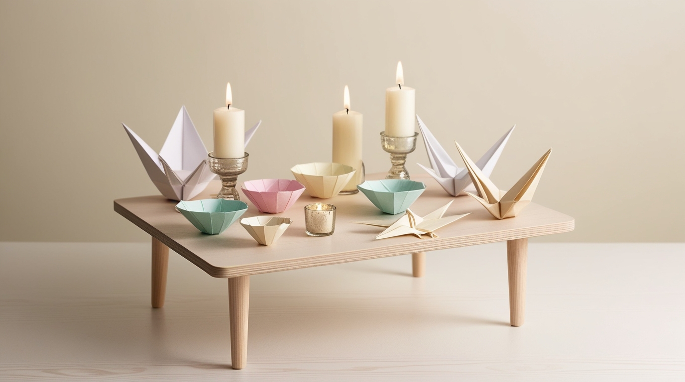 Small wooden desk with origami décor including bowls and cranes.