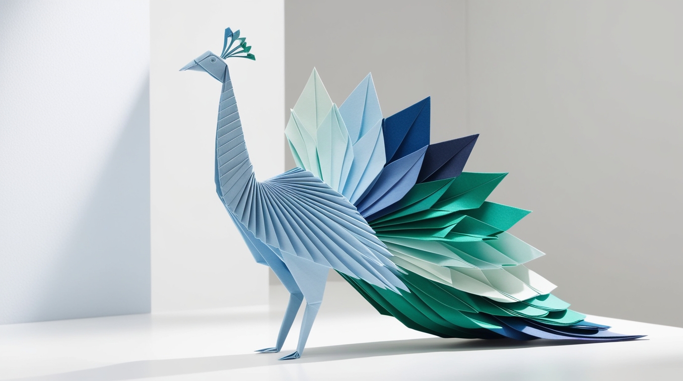 Detailed origami peacock with layered feathers representing craftsmanship and creativity.