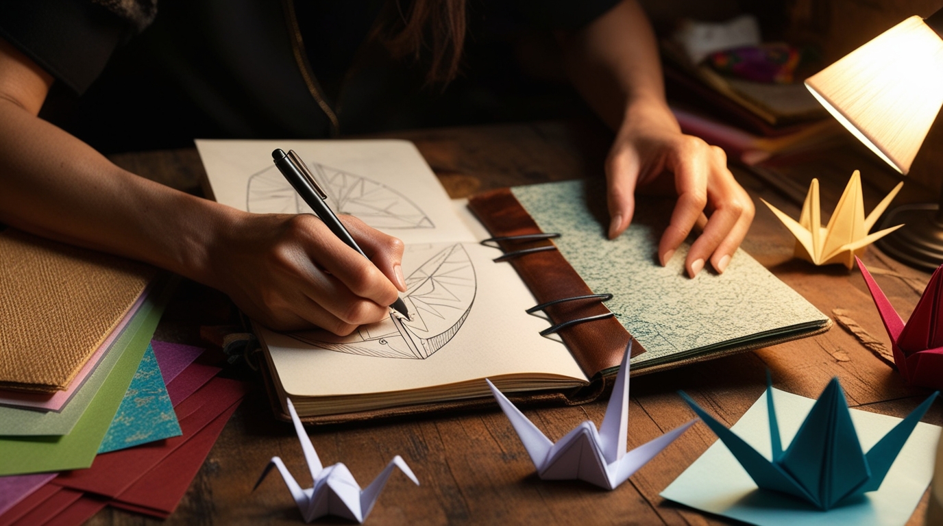 Origami artist brainstorming and sketching design ideas for a new paper sculpture.