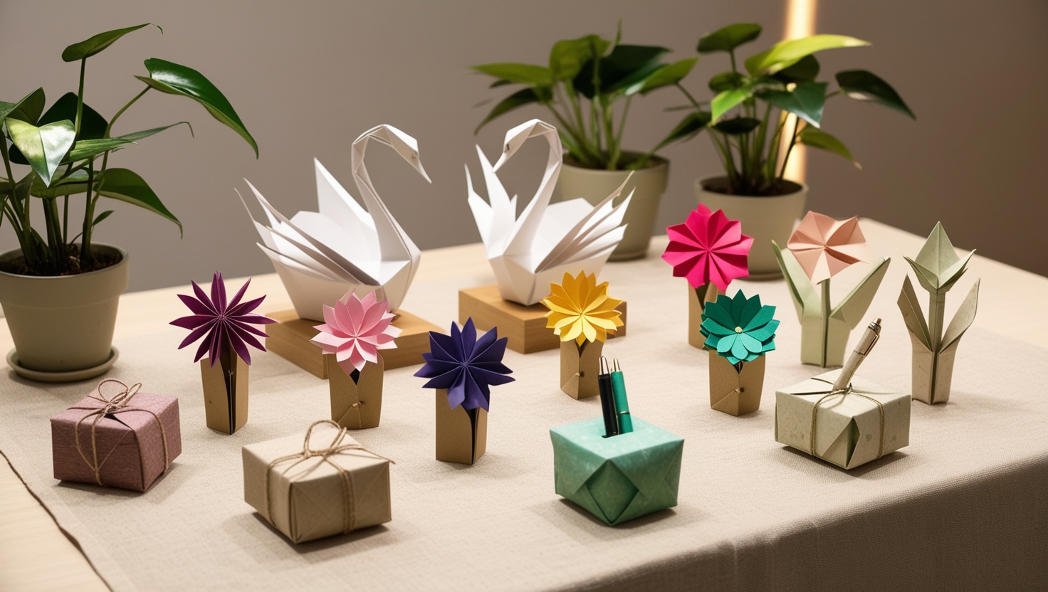 Eco-friendly origami gifts including swans, flowers, and pen stands