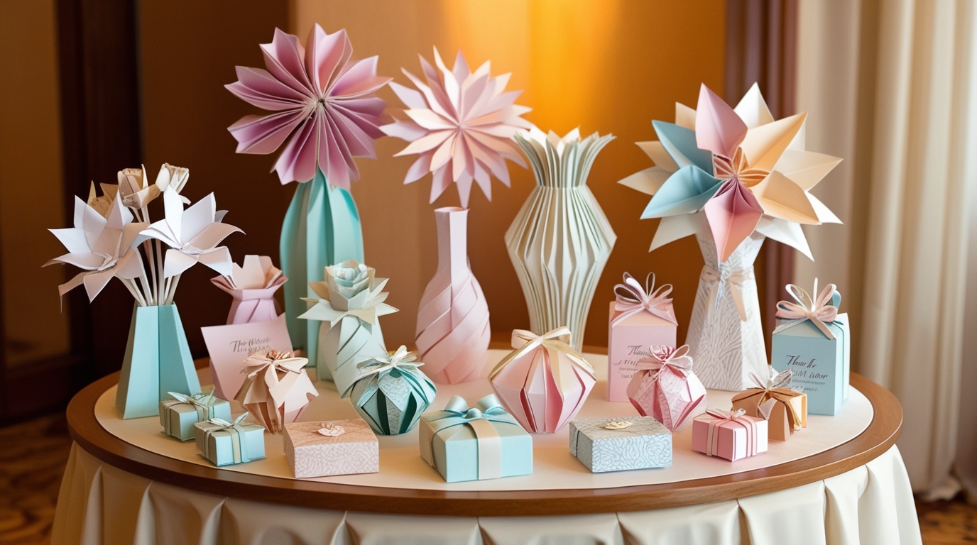 Assorted origami return gift ideas for weddings including flowers and vases