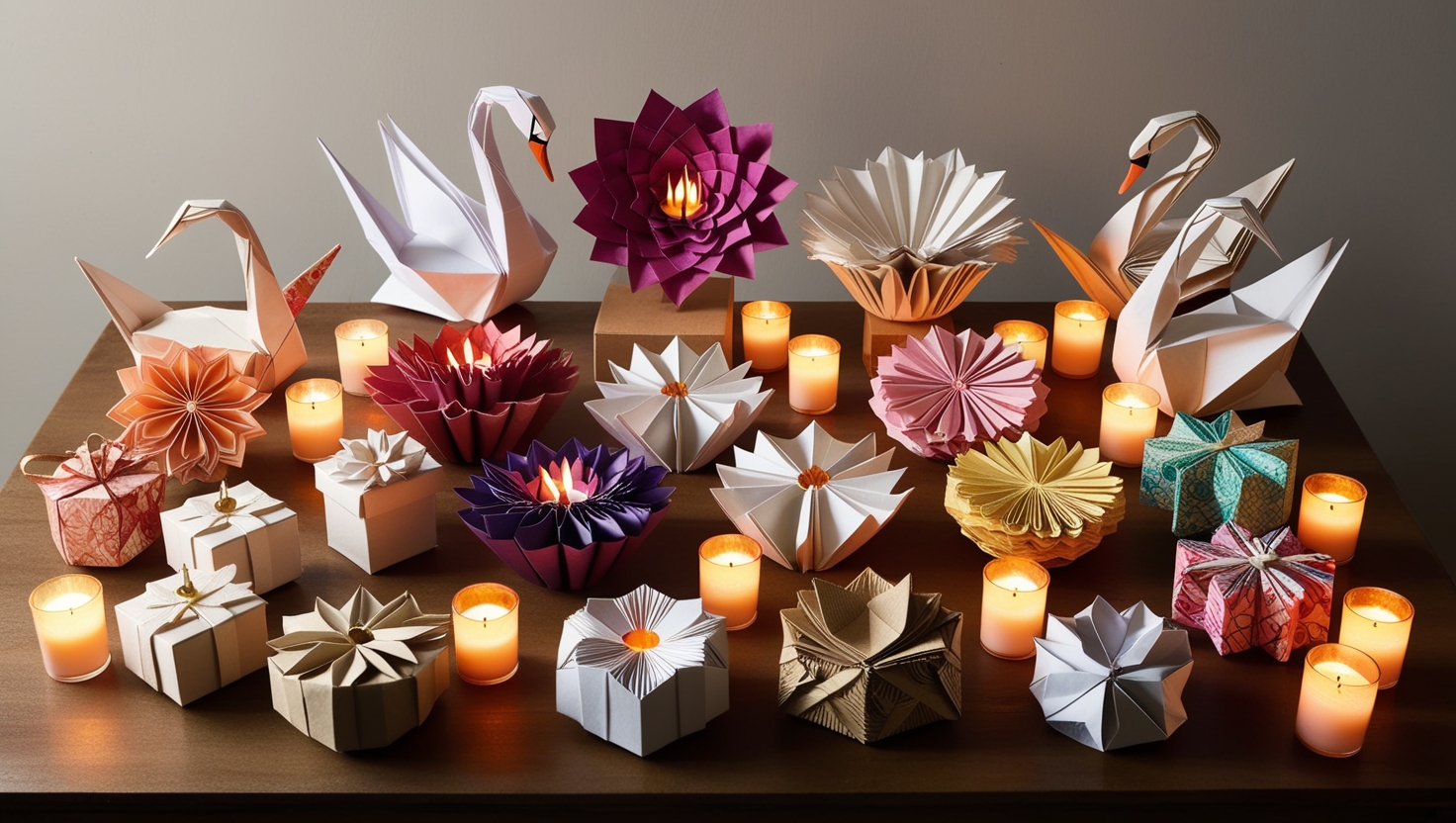 Assorted handmade origami gifts including swans, flowers, and decorative boxes arranged on a table with candles