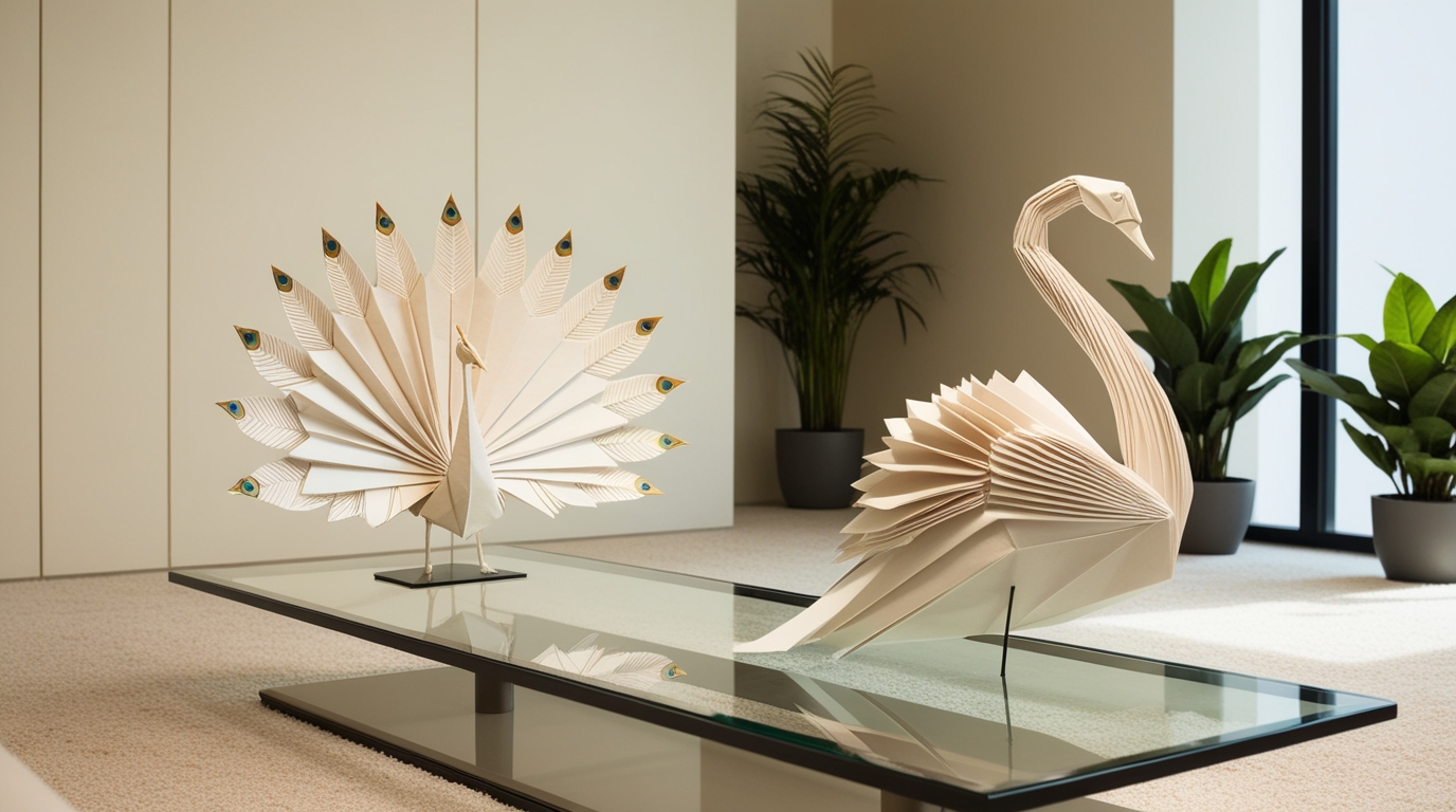 Origami swan and peacock displayed as preserved home decor