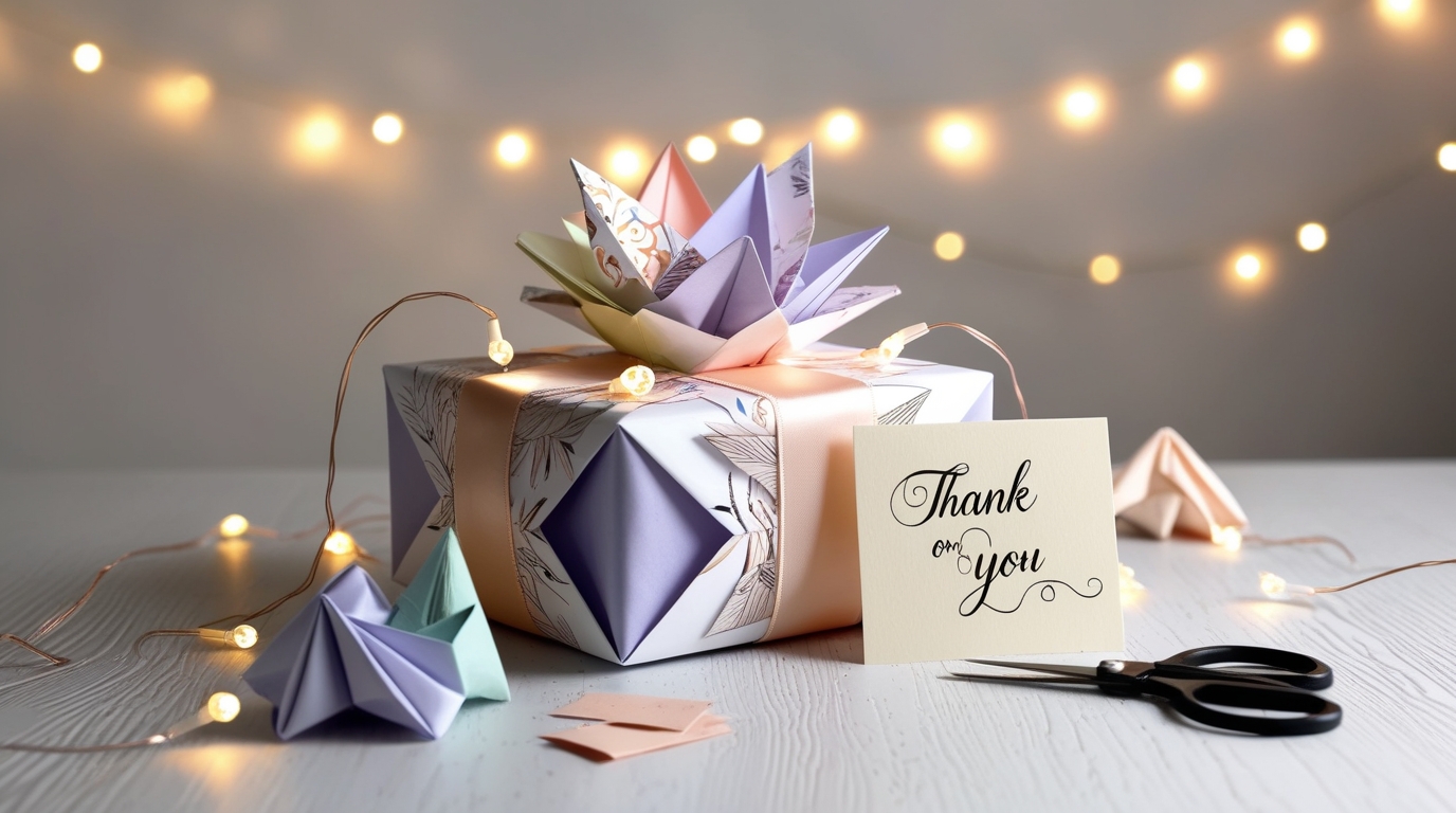 Beautiful presentation of origami gifts for parents with ribbon and lights.