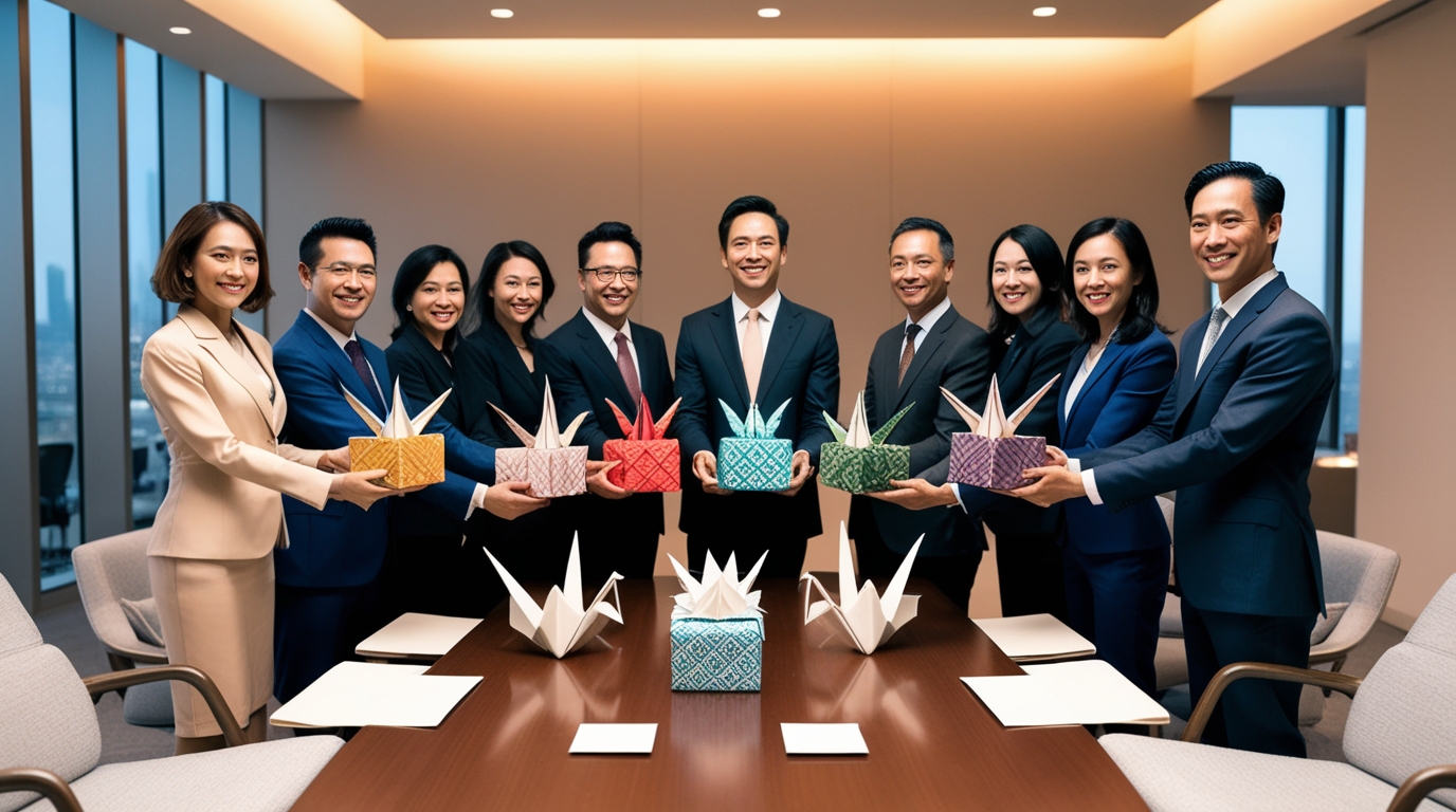 Business team exchanging personalized origami gifts in a corporate event