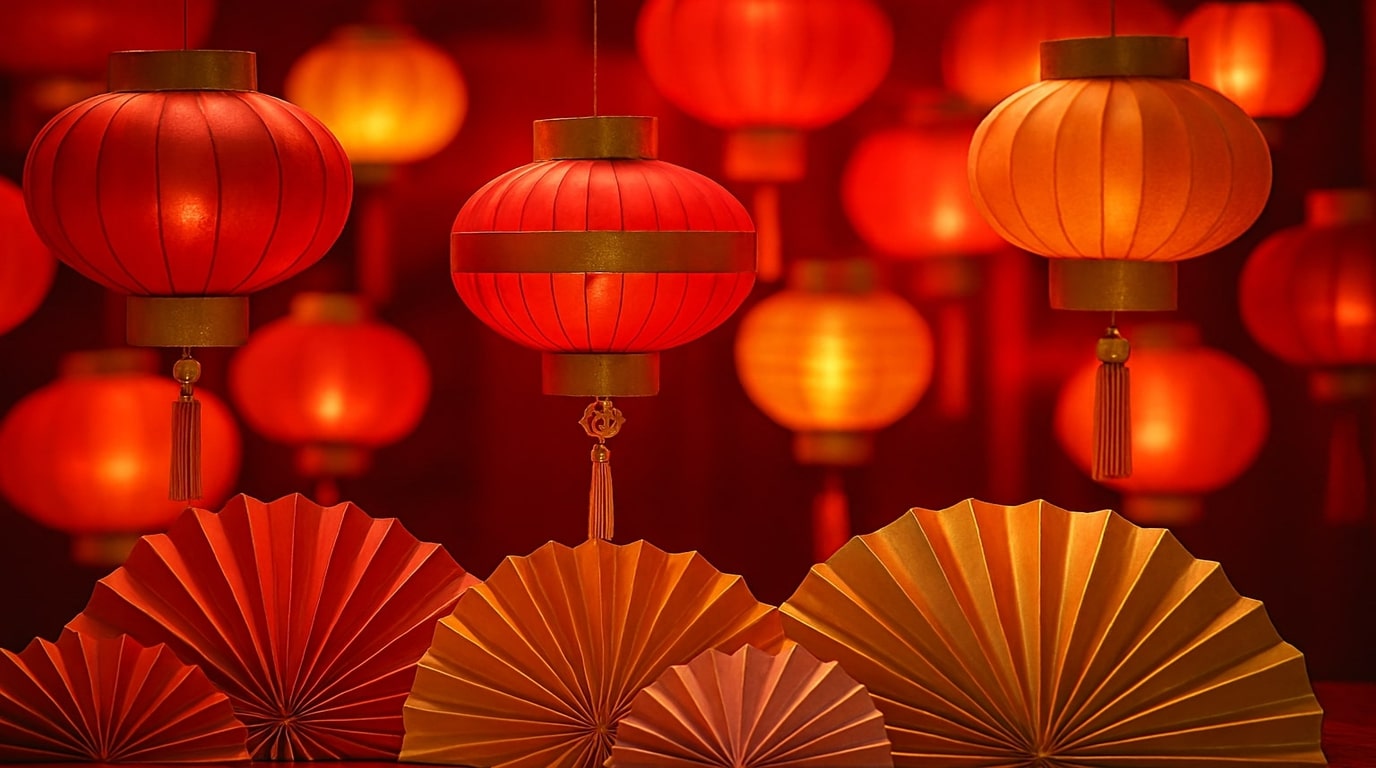 Chinese paper folding art with colorful lanterns and fans used in festivals.