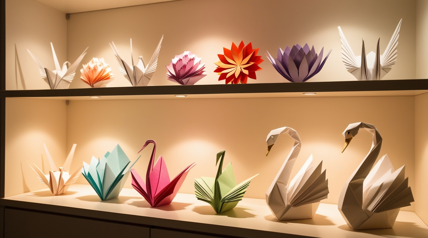 Clean display shelf with various origami gifts like cranes, flowers, and swans arranged carefully in soft indoor lighting