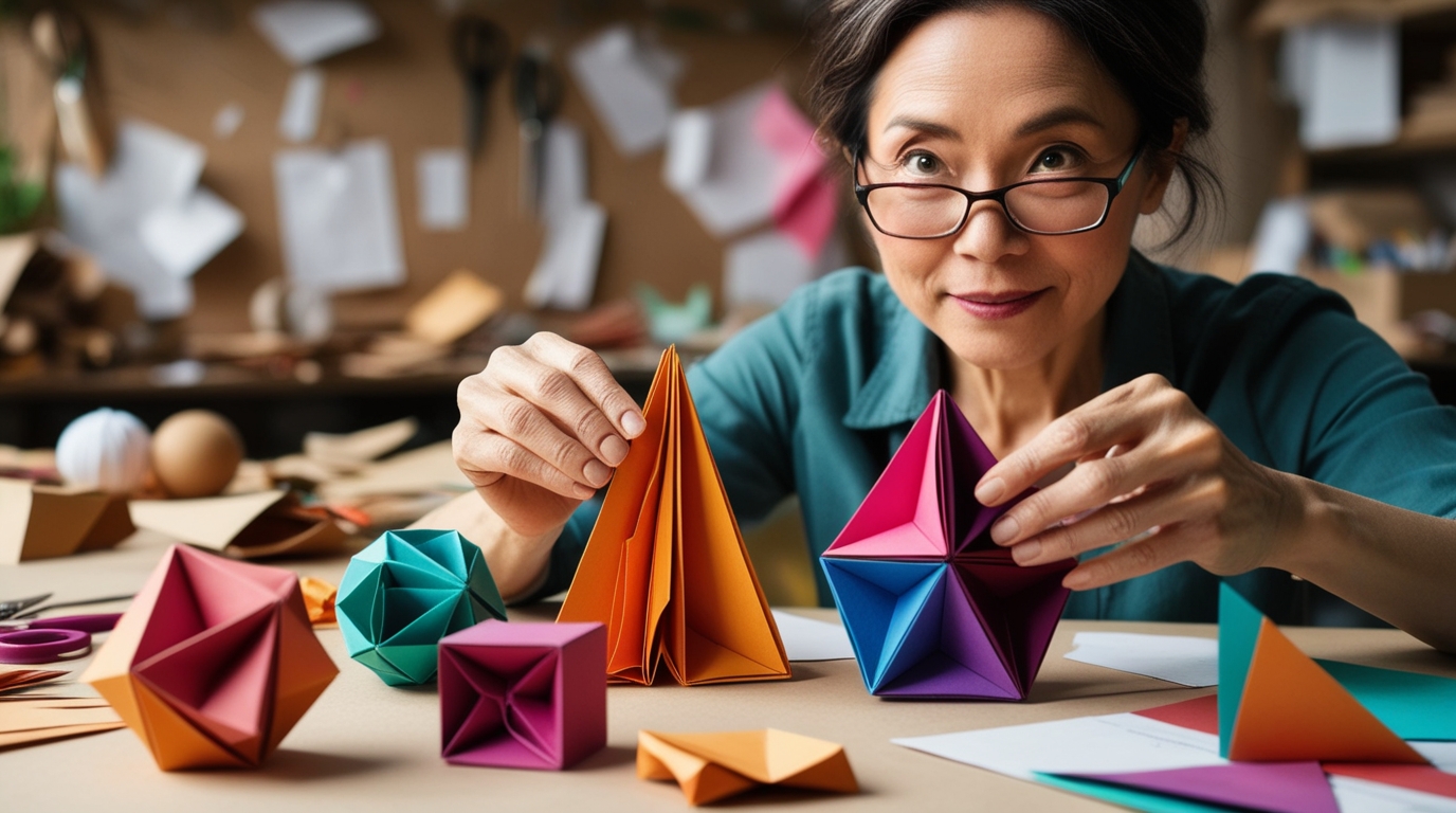 Artist crafting origami decor pieces by hand.