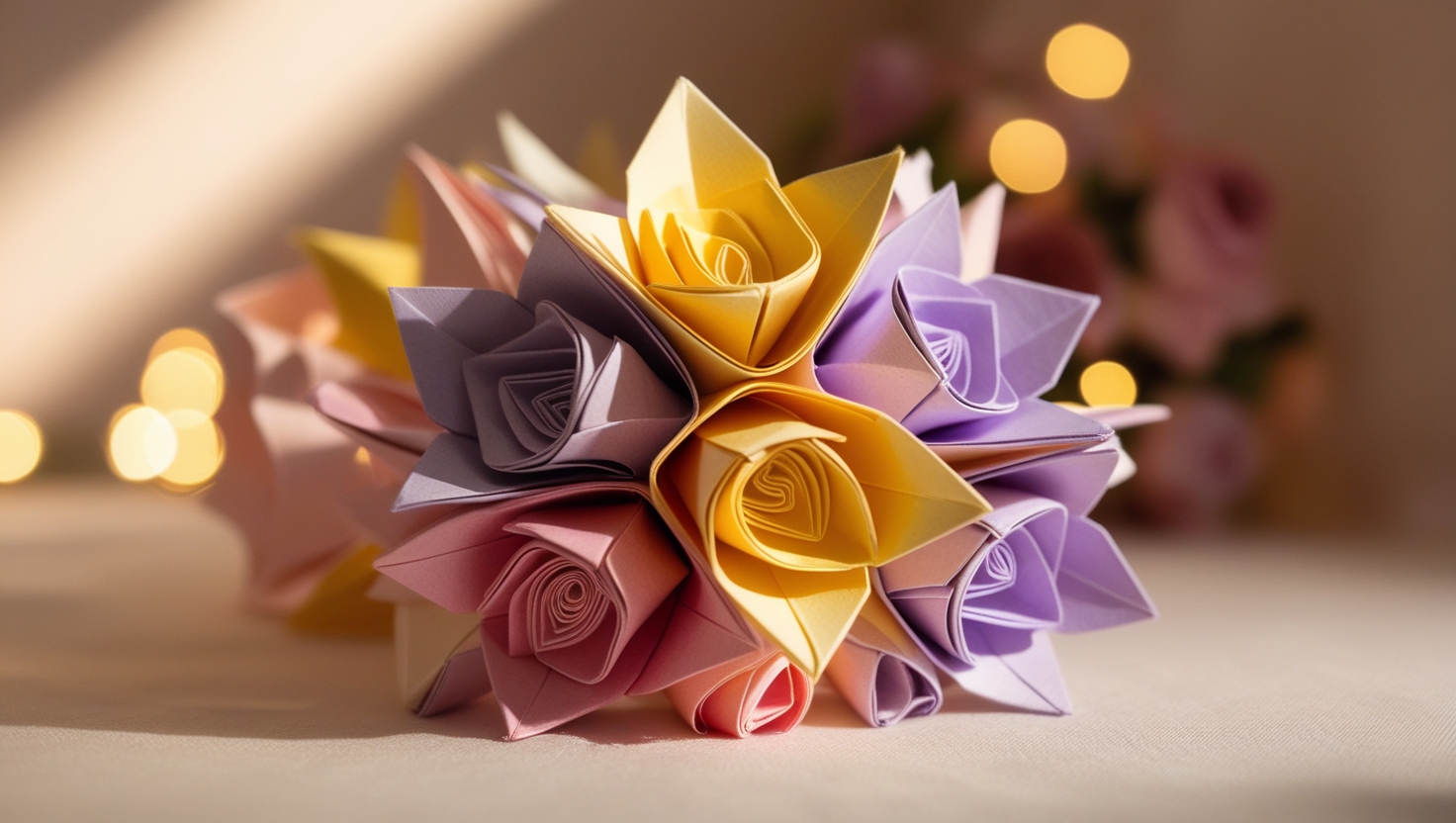 Vibrant handmade origami flower bouquet in various colors with soft romantic lighting