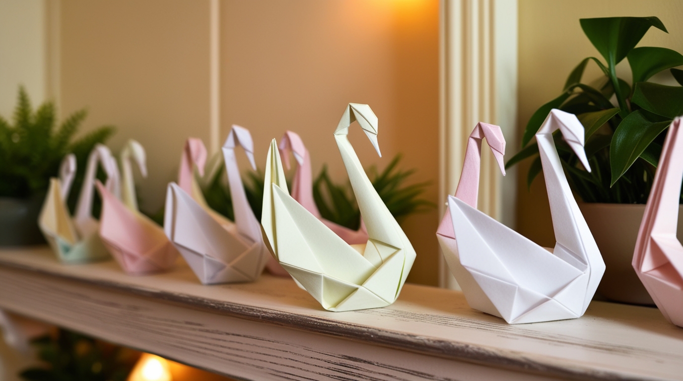 Elegant origami swans symbolizing grace and new beginnings in home decor.