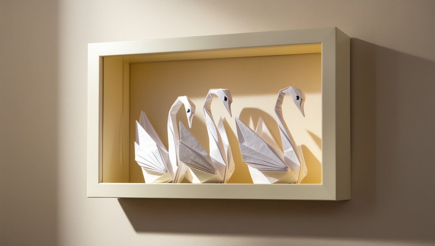Close-up of delicate origami swans showcased inside a shadow box frame with soft ambient lighting