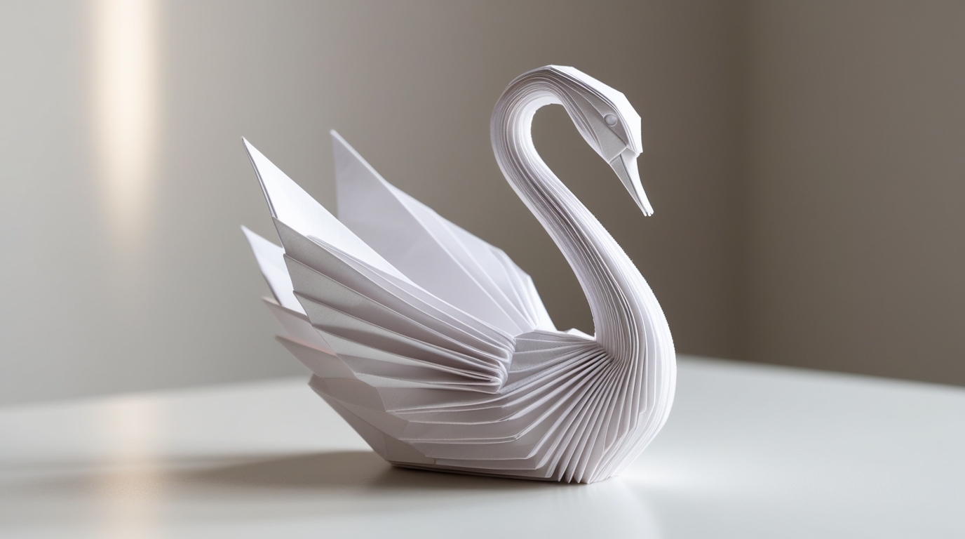 Close-up of balanced 3D origami swan showing symmetry and structure.