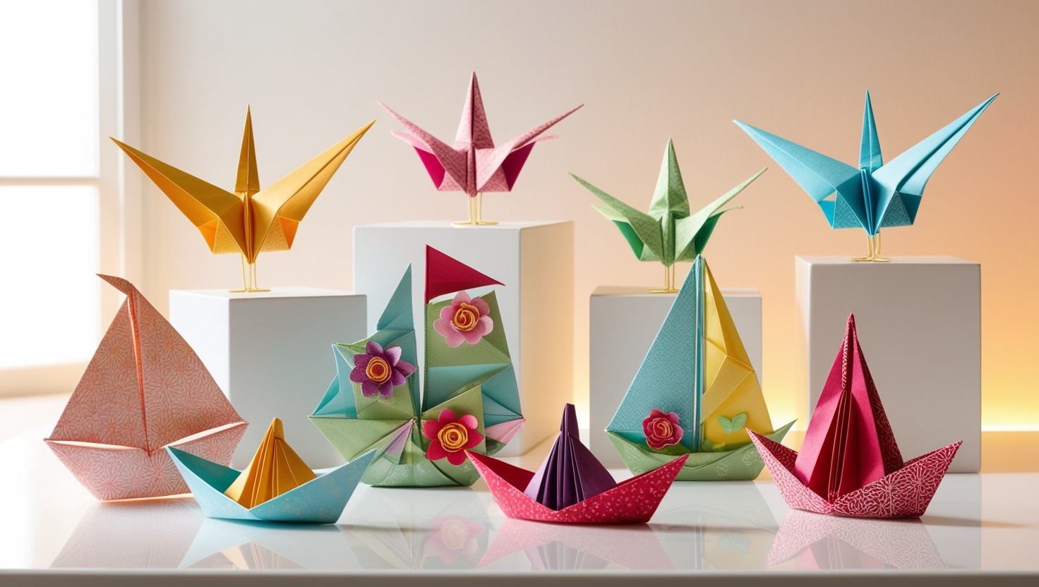 Various origami designs displayed together, including swans, peacocks, and flowers