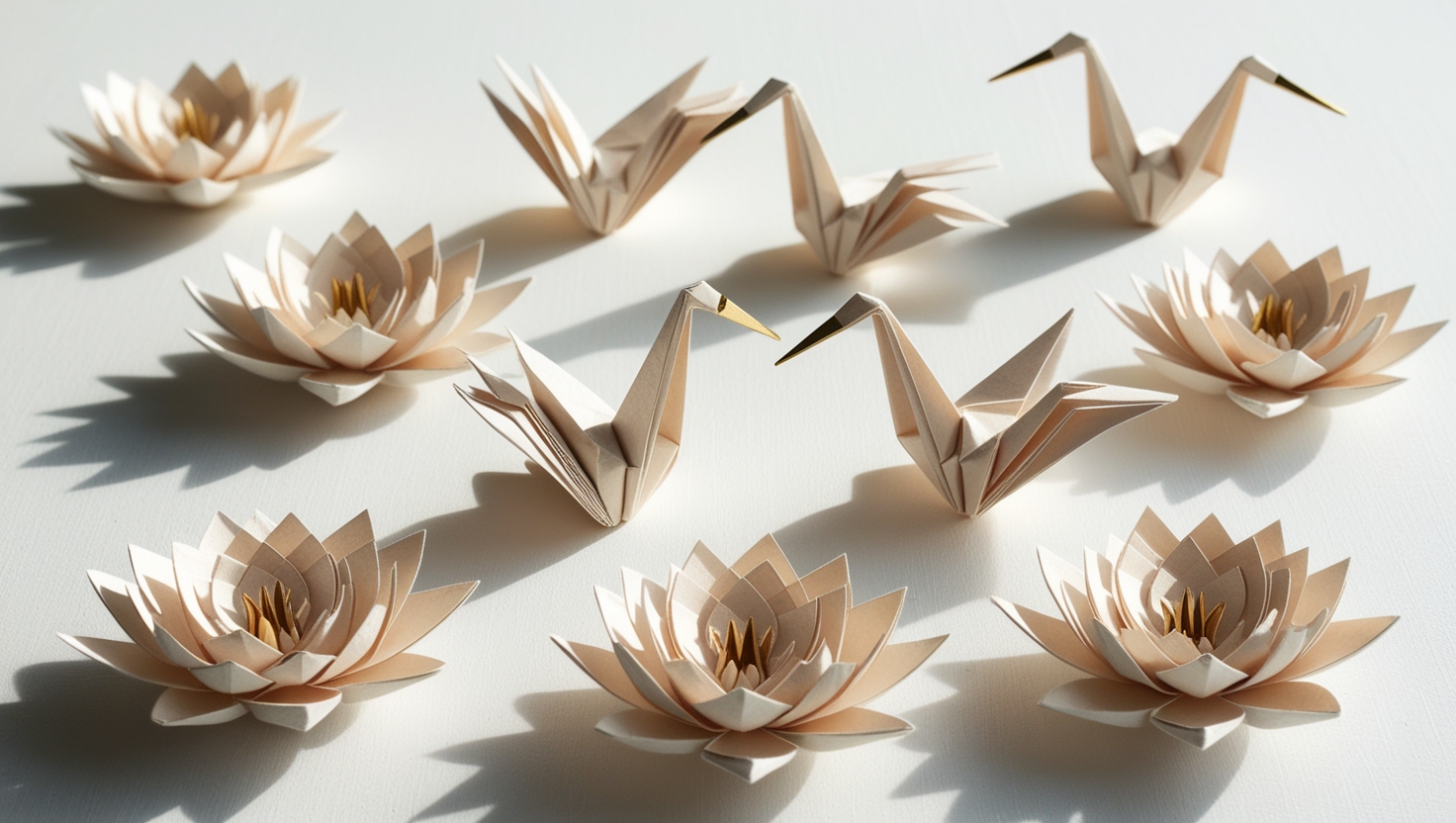 Traditional origami figures like cranes and lotus flowers displayed together