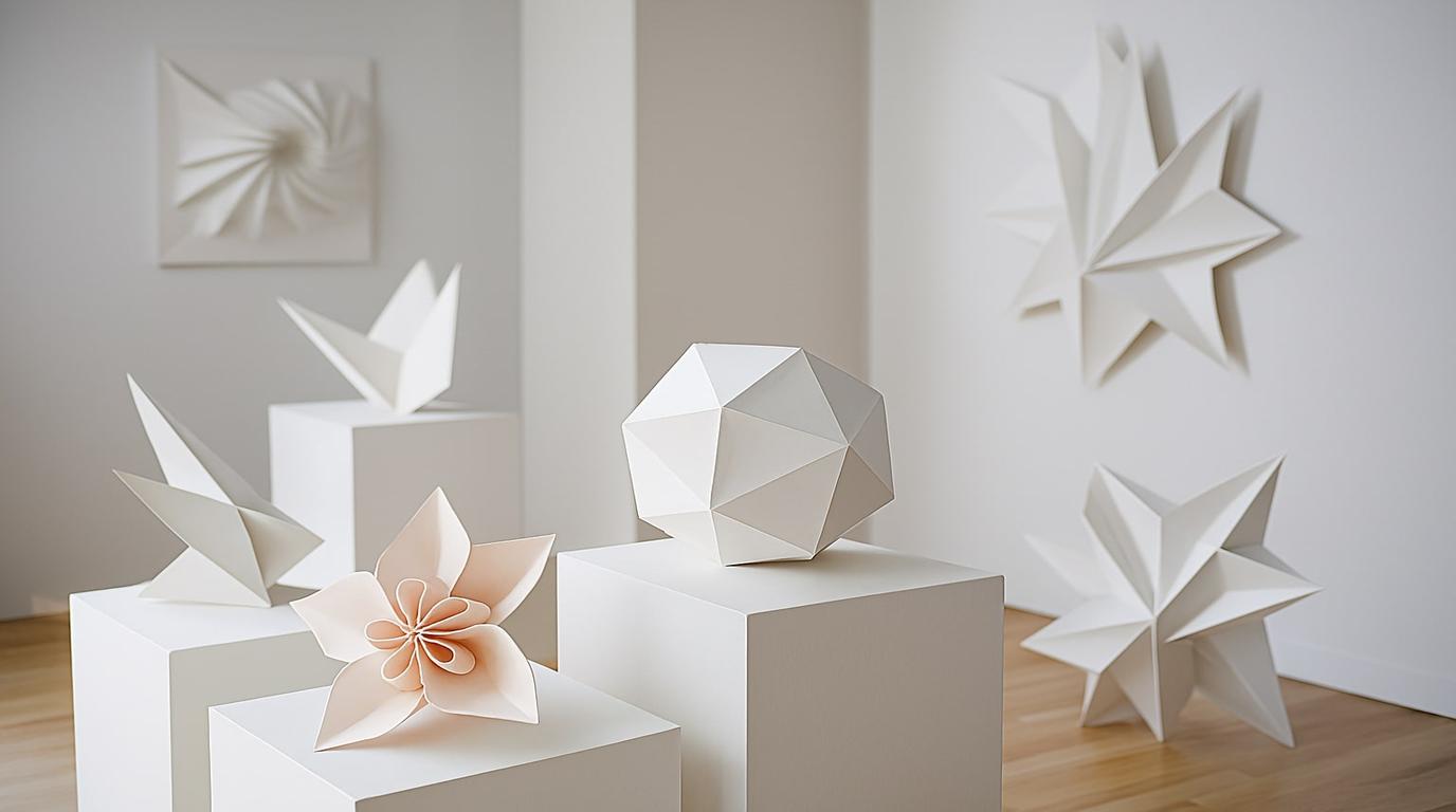 Modern origami sculptures displayed in a contemporary art gallery.