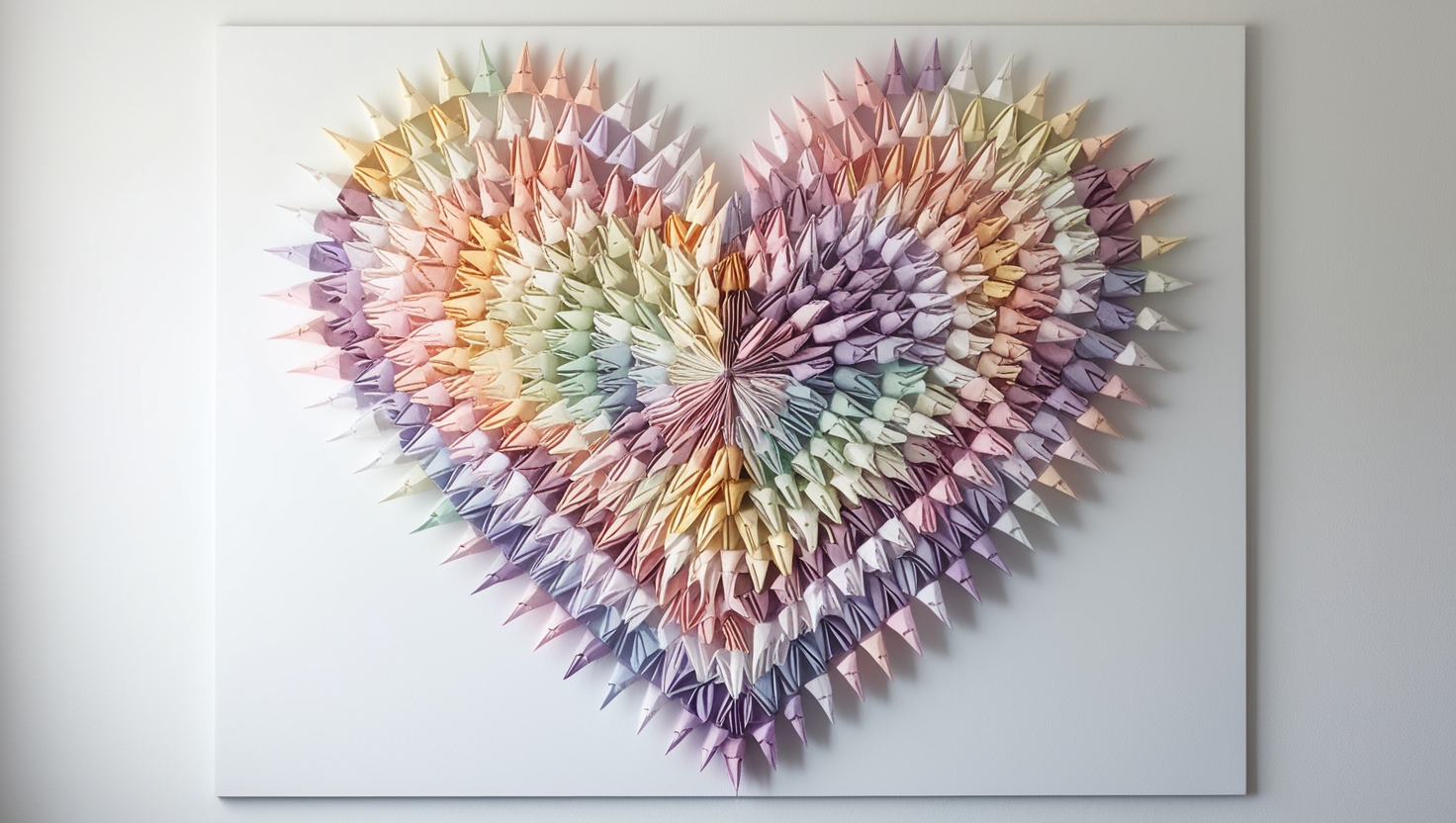 Creative wall display made of small origami figures arranged into a large heart shape as unique home decor