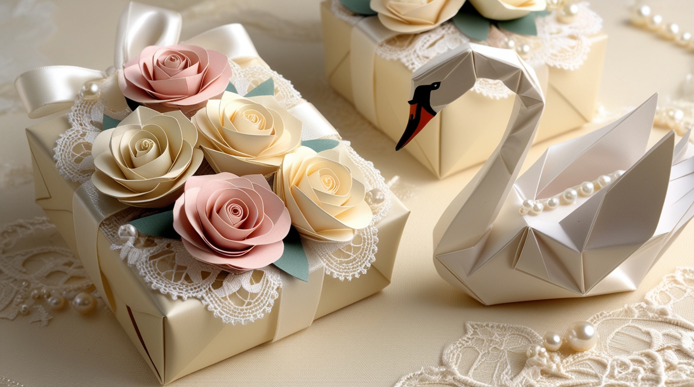 Handcrafted origami wedding return gifts including roses and swans