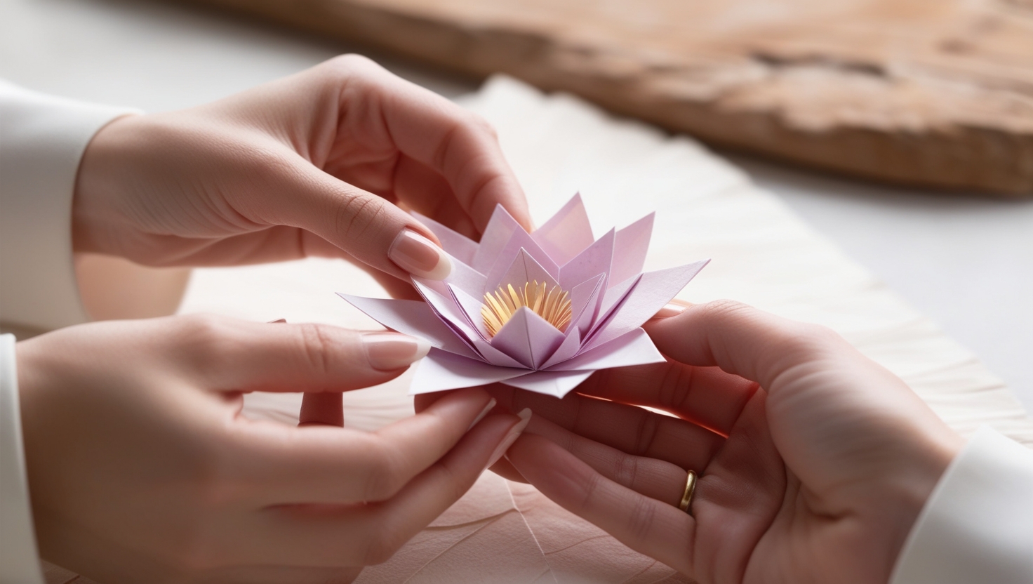 Hands carefully folding an origami lotus flower