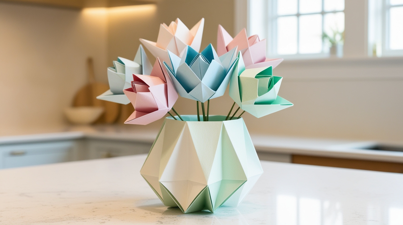 Origami flower vase adding eco-friendly charm to a new home interior.