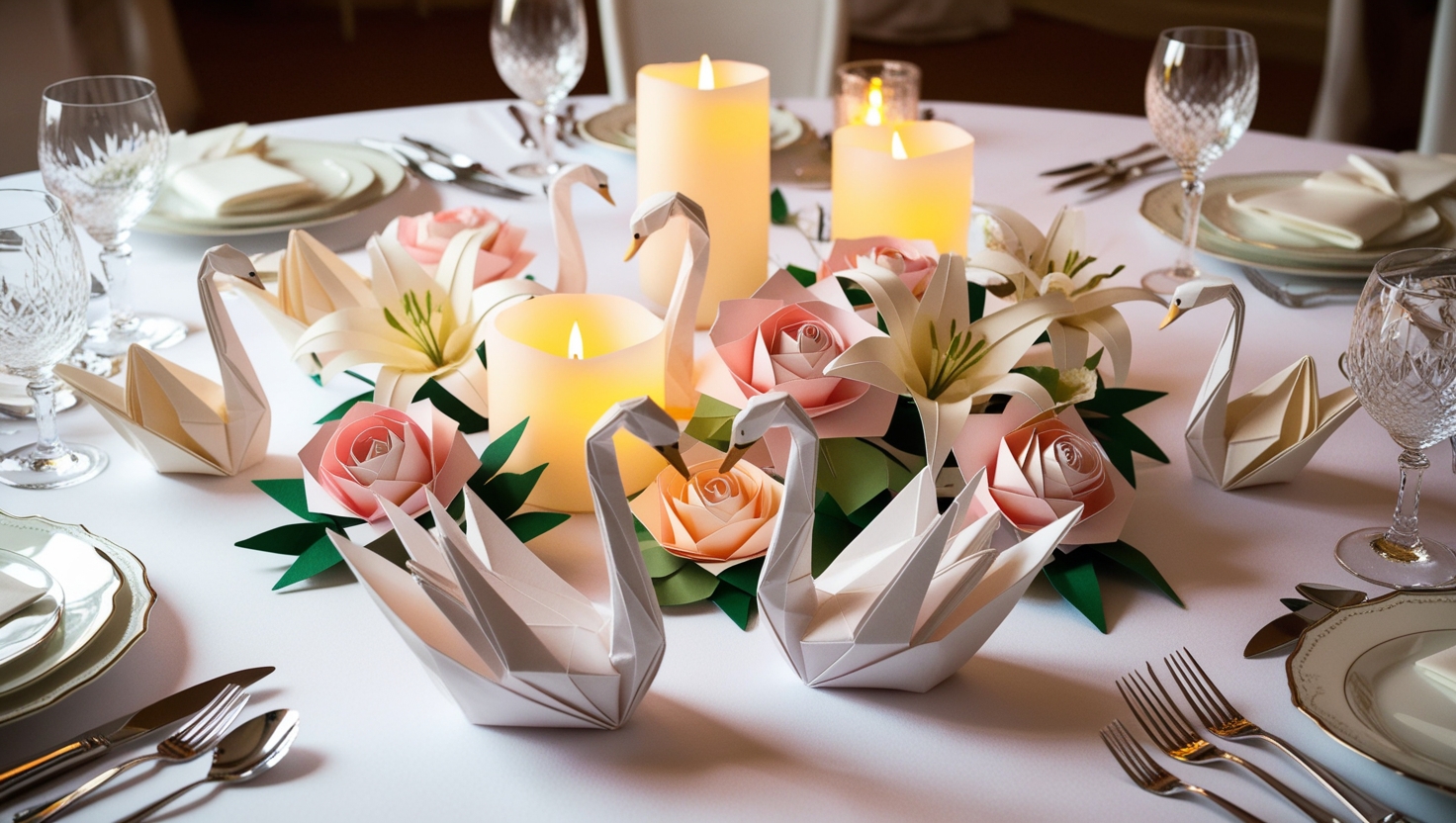Origami swans and flowers used for wedding table decorations